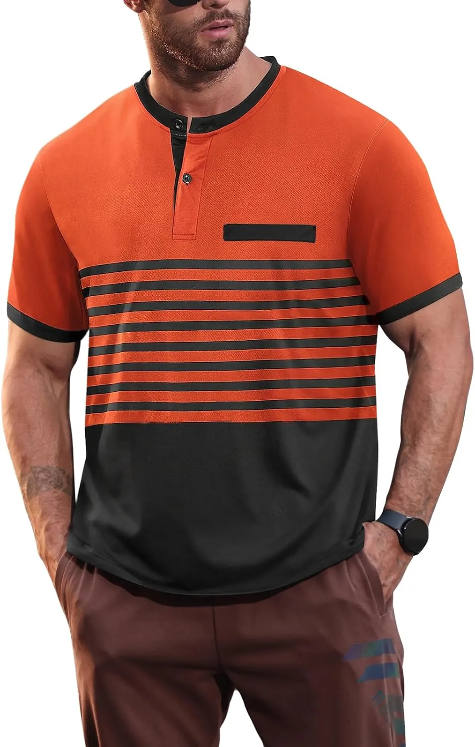 Mens T-Shirts Short Sleeve Button Casual Stylish Basic Tees Work Striped Shirts Henley Summer Lightweight Stretch Top