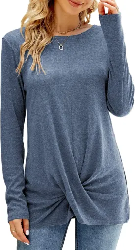 Naggoo Women's Long Sleeve Twist Front Tunic Tops Crew Neck Casual Loose Fit Dressy Shirts Blouses