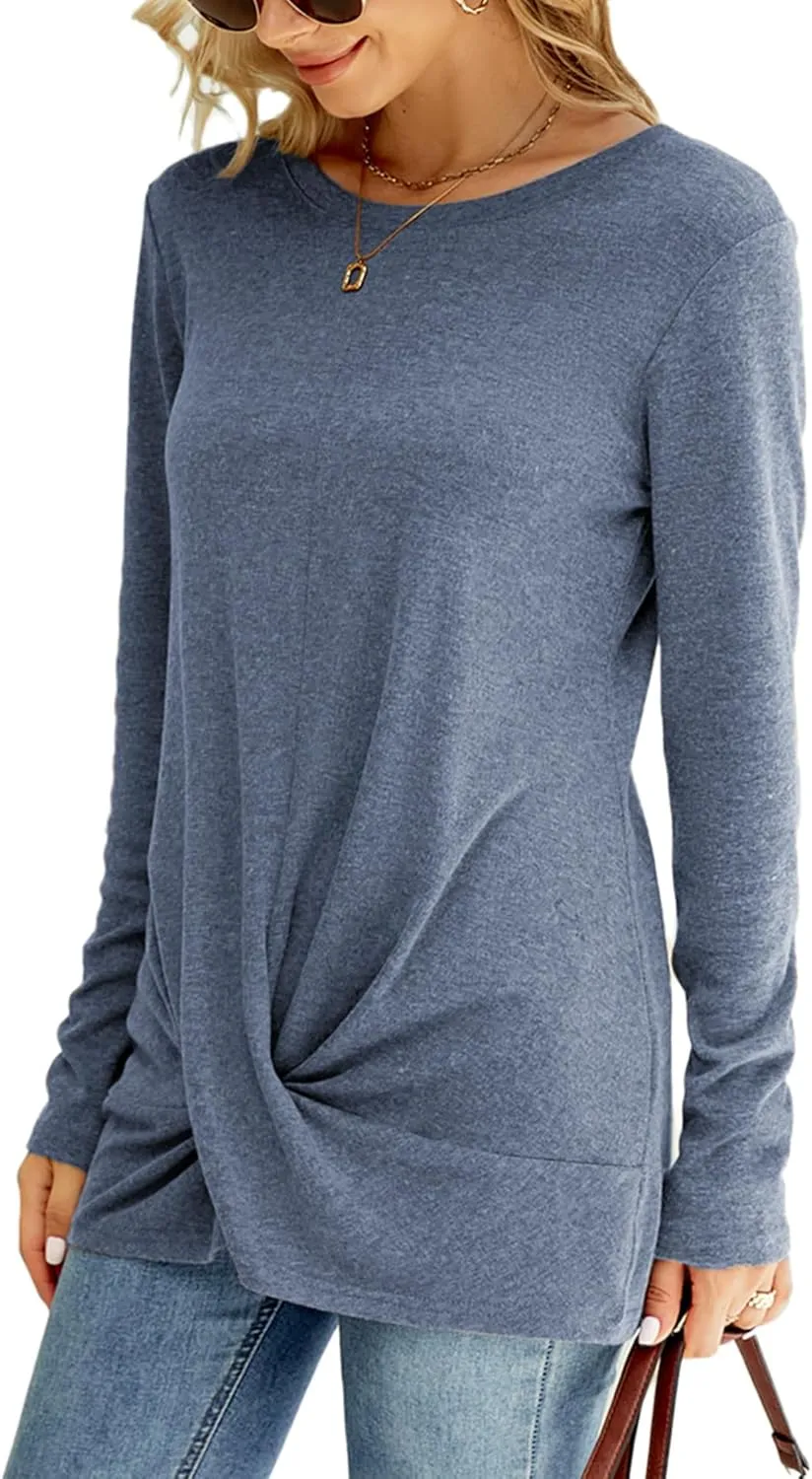 Naggoo Women's Long Sleeve Twist Front Tunic Tops Crew Neck Casual Loose Fit Dressy Shirts Blouses