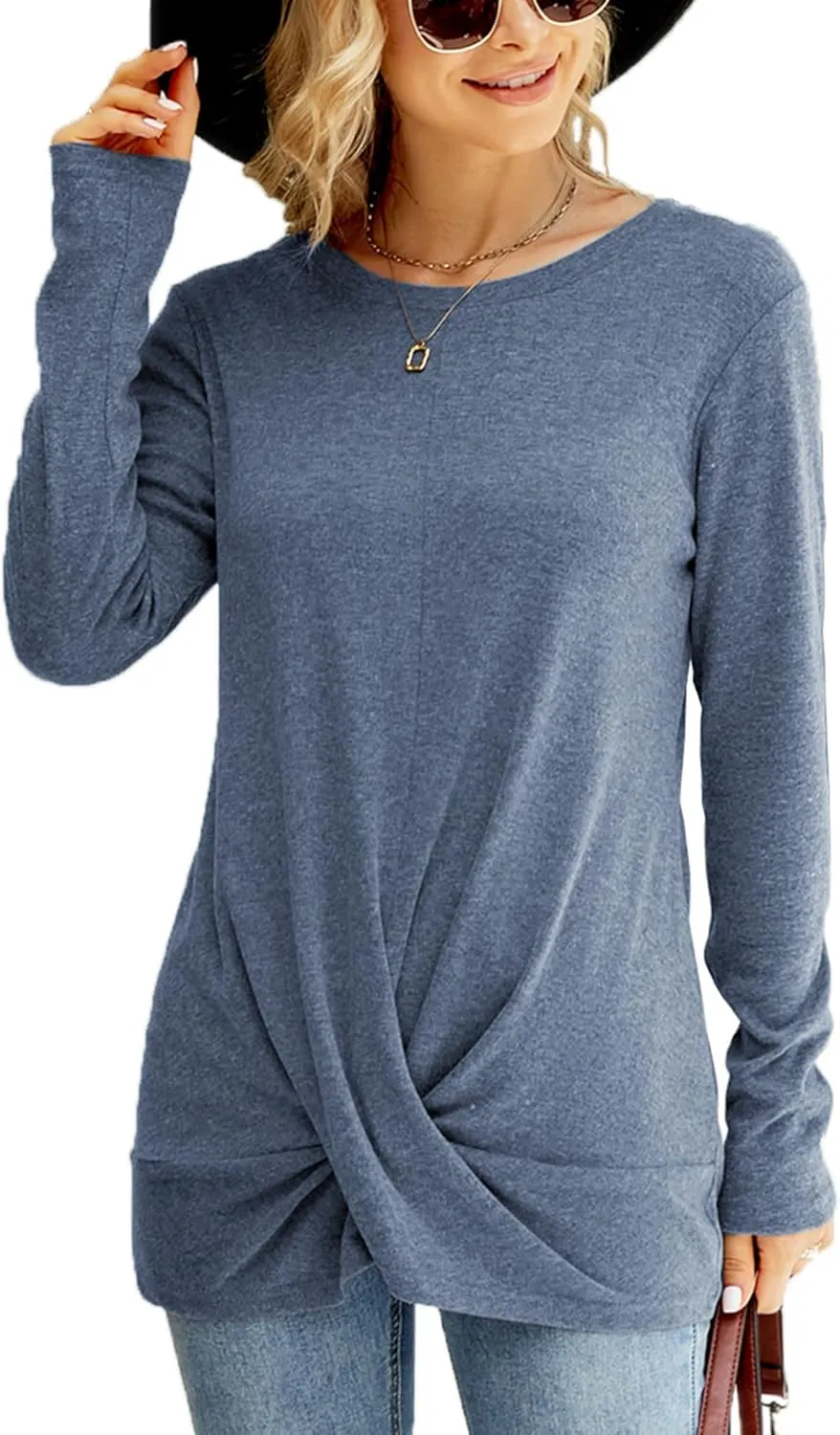 Naggoo Women's Long Sleeve Twist Front Tunic Tops Crew Neck Casual Loose Fit Dressy Shirts Blouses