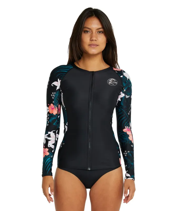 O'Neill Womens Bahia FZ LS Rash Vest - Blk/VV1/VV1 - 2023
