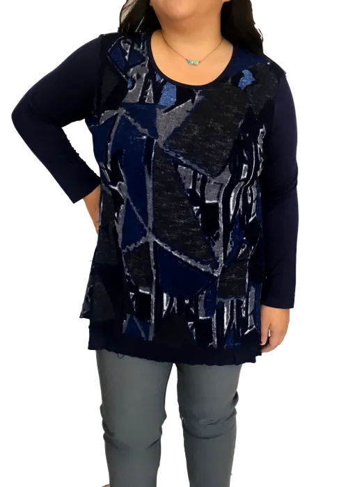 Peel Away My Layers Mesh Overlay Top in Blue Geometric