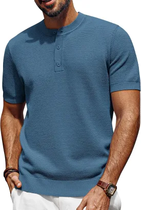 PJ PAUL JONES Mens Tees Short Sleeve Crewneck Henley Shirts Knitted Textured Shirt Solid T-Shirts Summer Top