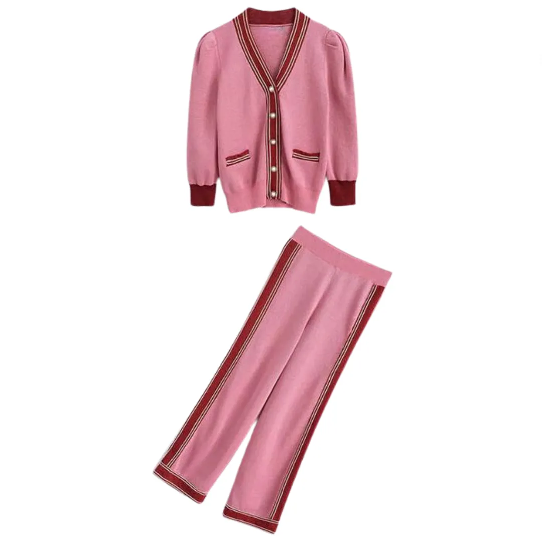 Pre Order:  Casual V-Neck Knitted Cardigan   Wide Leg Pants