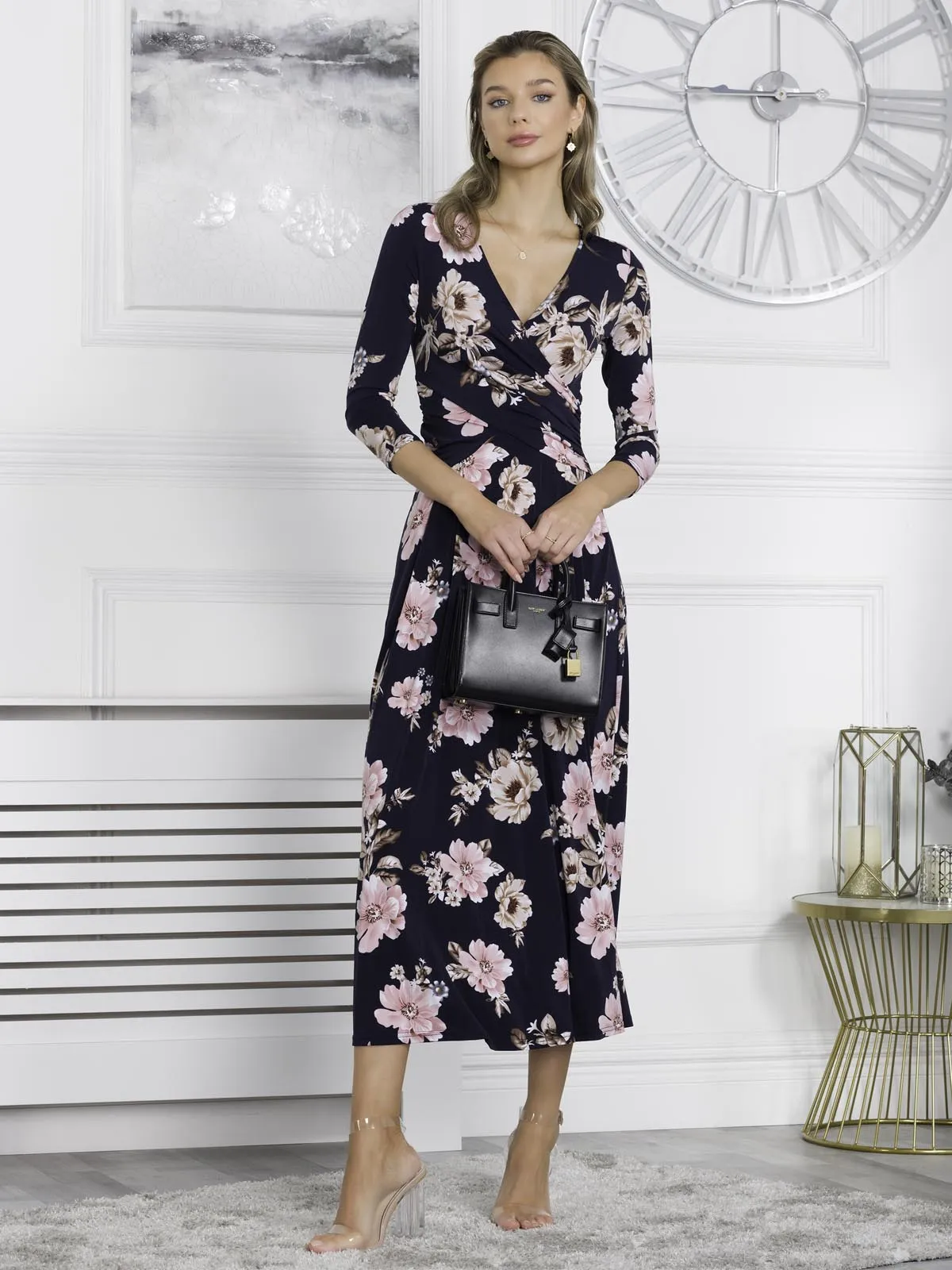 Quintella Jersey Side Split Maxi Dress, Navy Floral