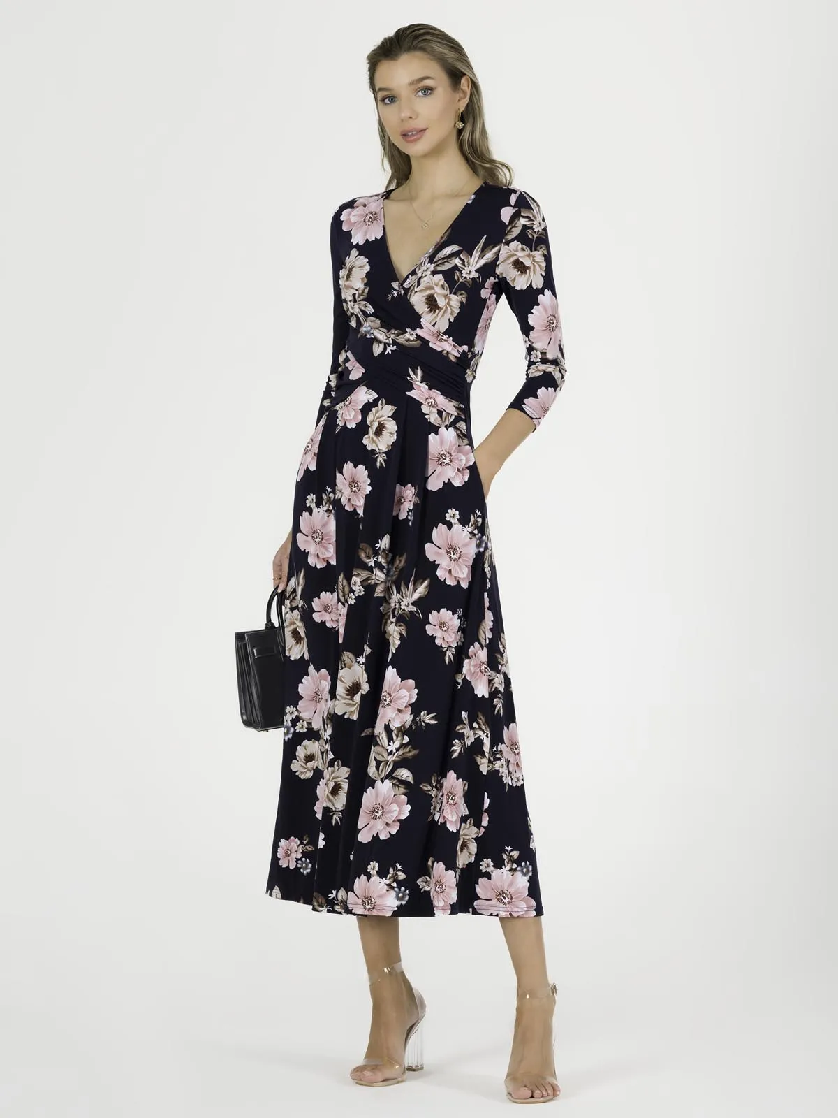 Quintella Jersey Side Split Maxi Dress, Navy Floral