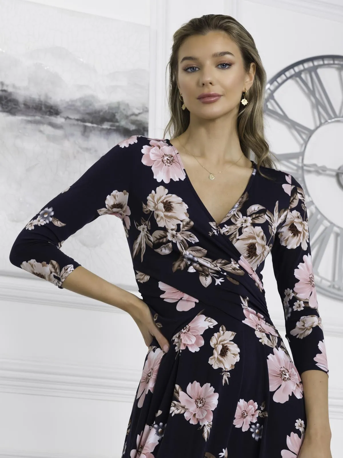 Quintella Jersey Side Split Maxi Dress, Navy Floral