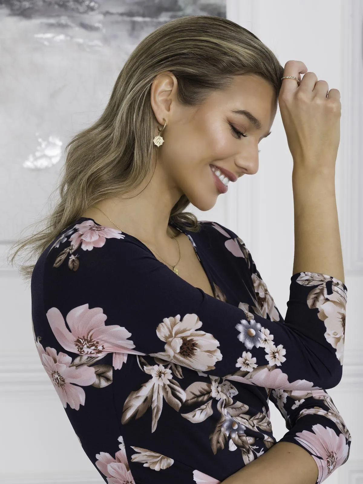 Quintella Jersey Side Split Maxi Dress, Navy Floral