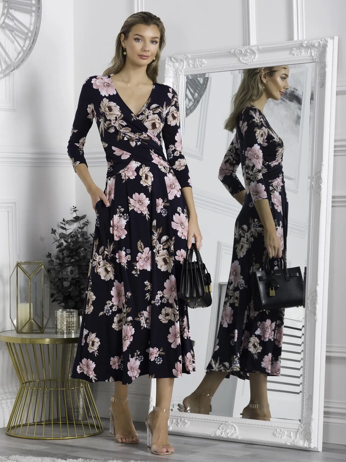Quintella Jersey Side Split Maxi Dress, Navy Floral
