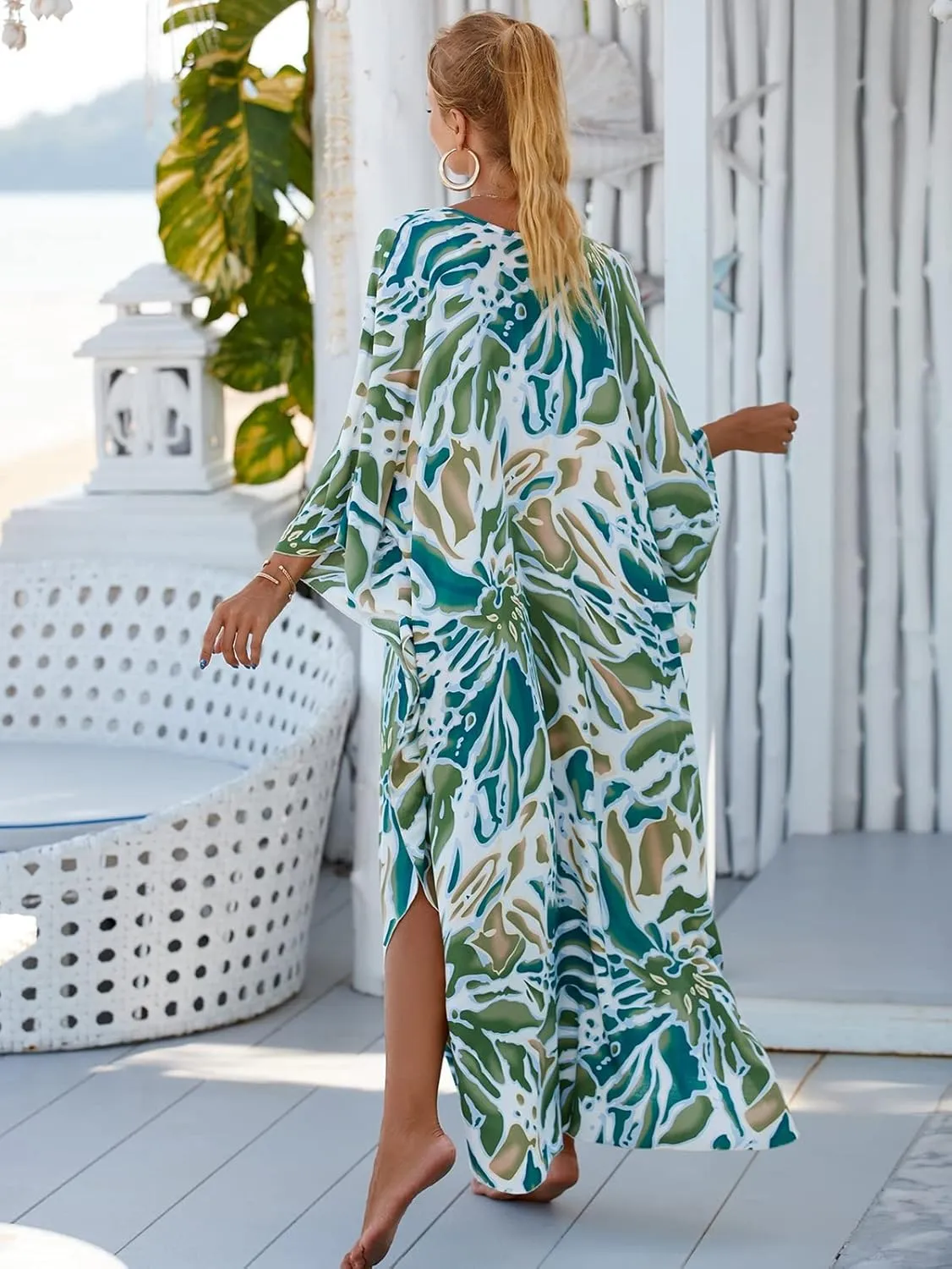 RanRui Kaftan Dresses for Women  Wave Neck Floral Plus Size Caftans Muumuu Dresses