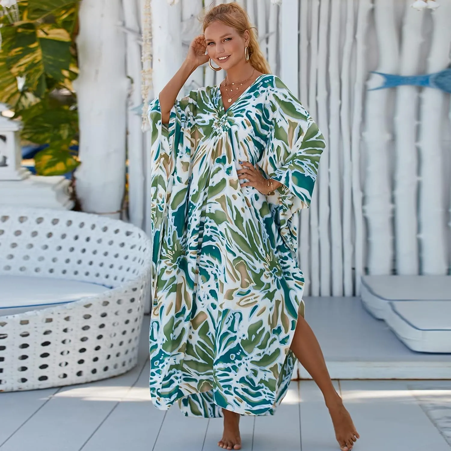 RanRui Kaftan Dresses for Women  Wave Neck Floral Plus Size Caftans Muumuu Dresses