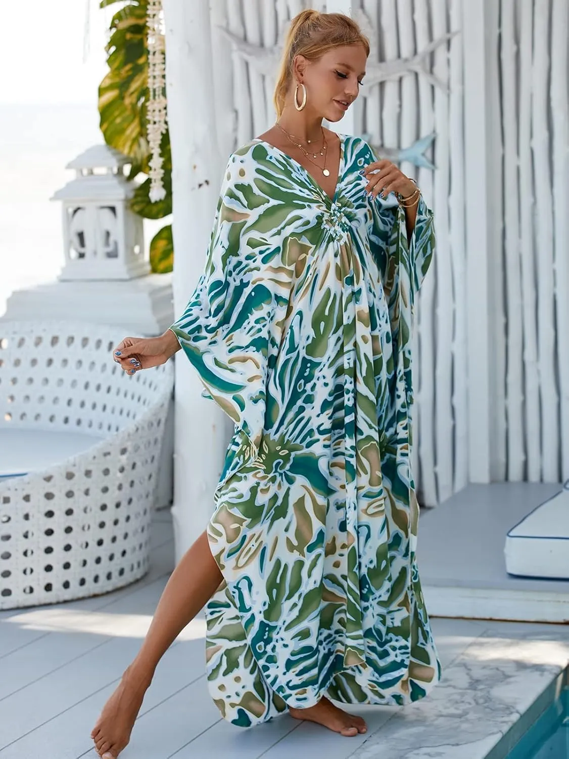 RanRui Kaftan Dresses for Women  Wave Neck Floral Plus Size Caftans Muumuu Dresses