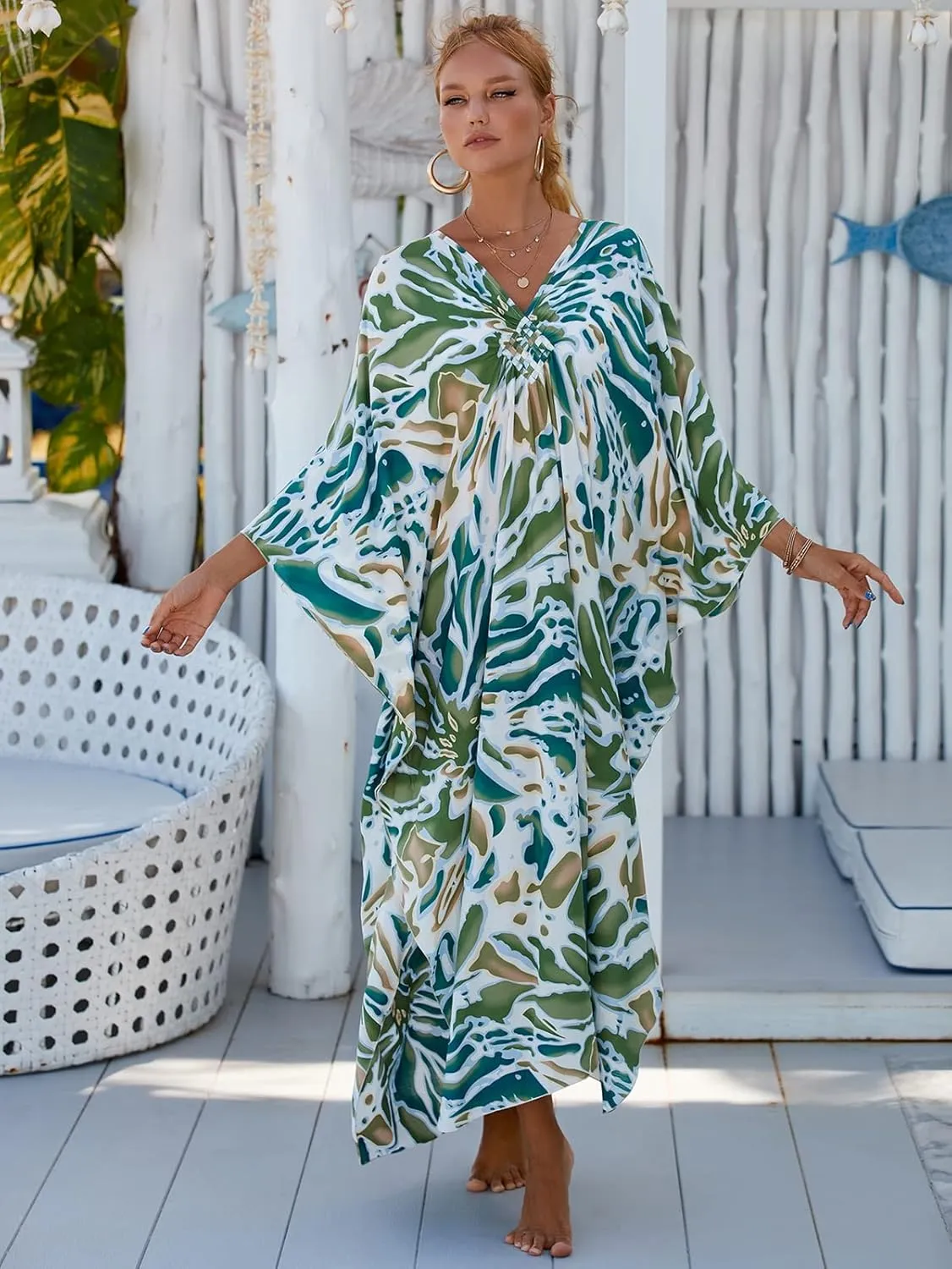 RanRui Kaftan Dresses for Women  Wave Neck Floral Plus Size Caftans Muumuu Dresses