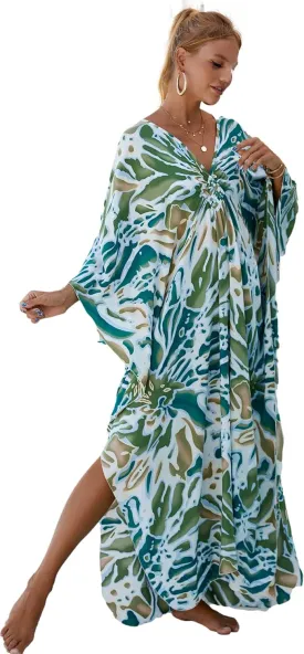 RanRui Kaftan Dresses for Women  Wave Neck Floral Plus Size Caftans Muumuu Dresses