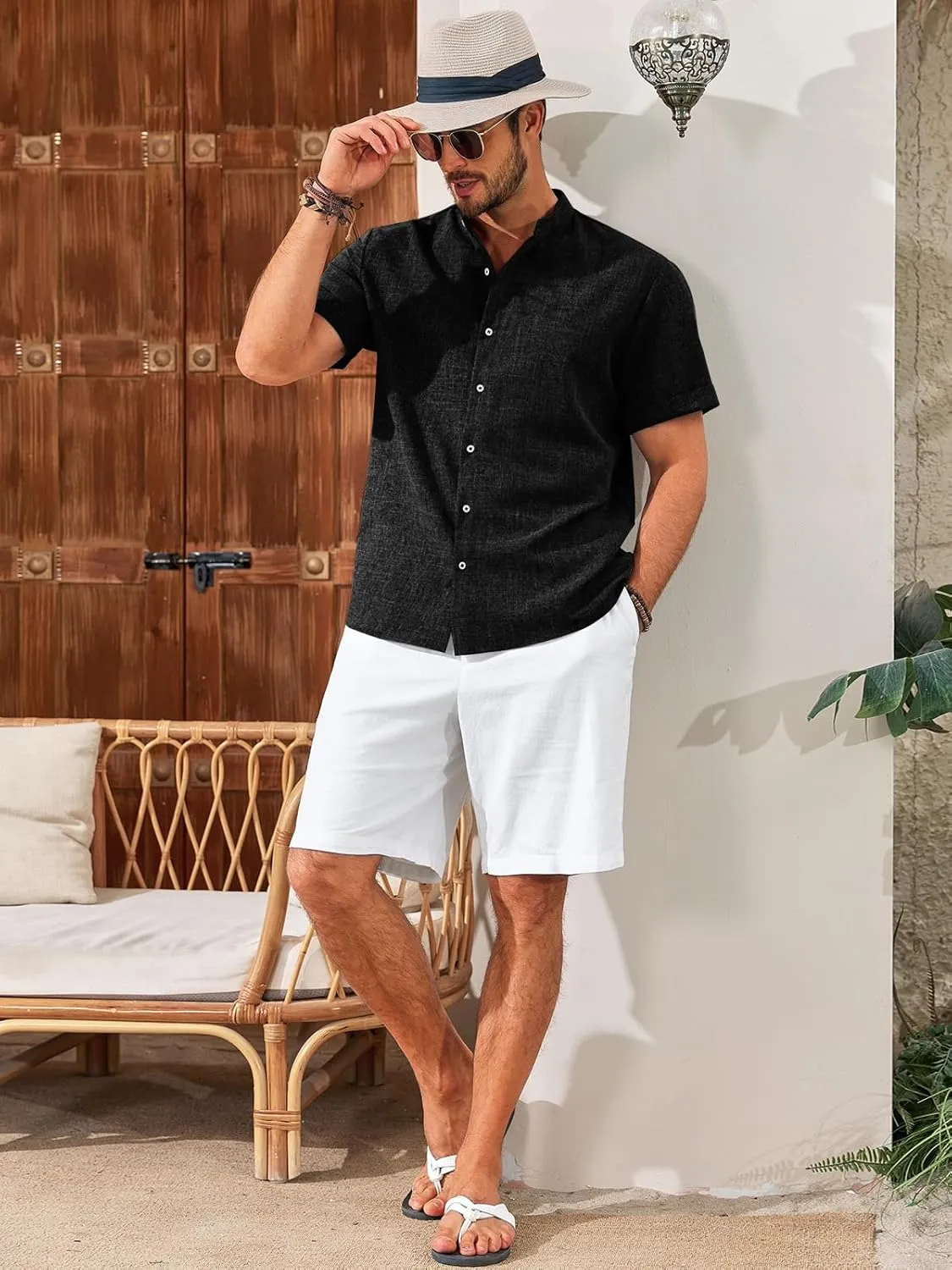 Runcati Mens Casual Button Down Shirts Short Sleeve Banded Collar Shirt Linen Beach Summer Hippie Tops
