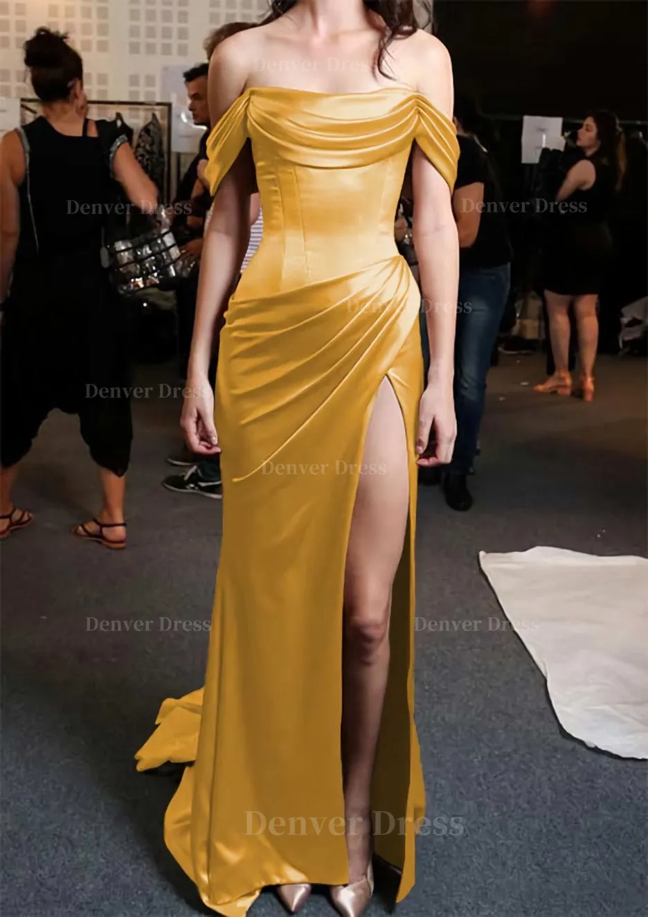 Sheath/Column Off-the-Shoulder Short Sleeve Sweep Train Satin Prom Dress With Pleated