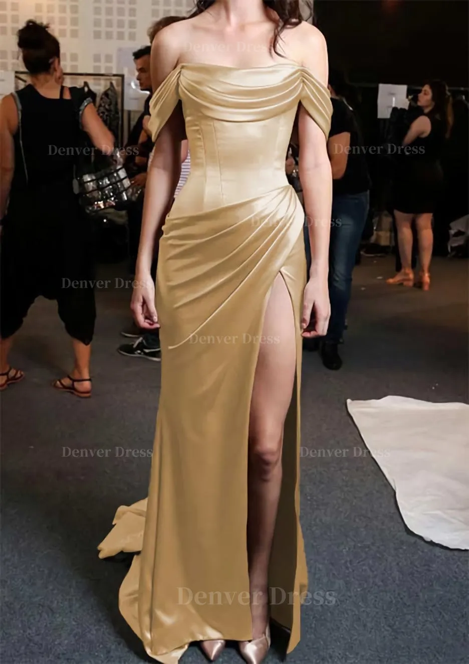 Sheath/Column Off-the-Shoulder Short Sleeve Sweep Train Satin Prom Dress With Pleated