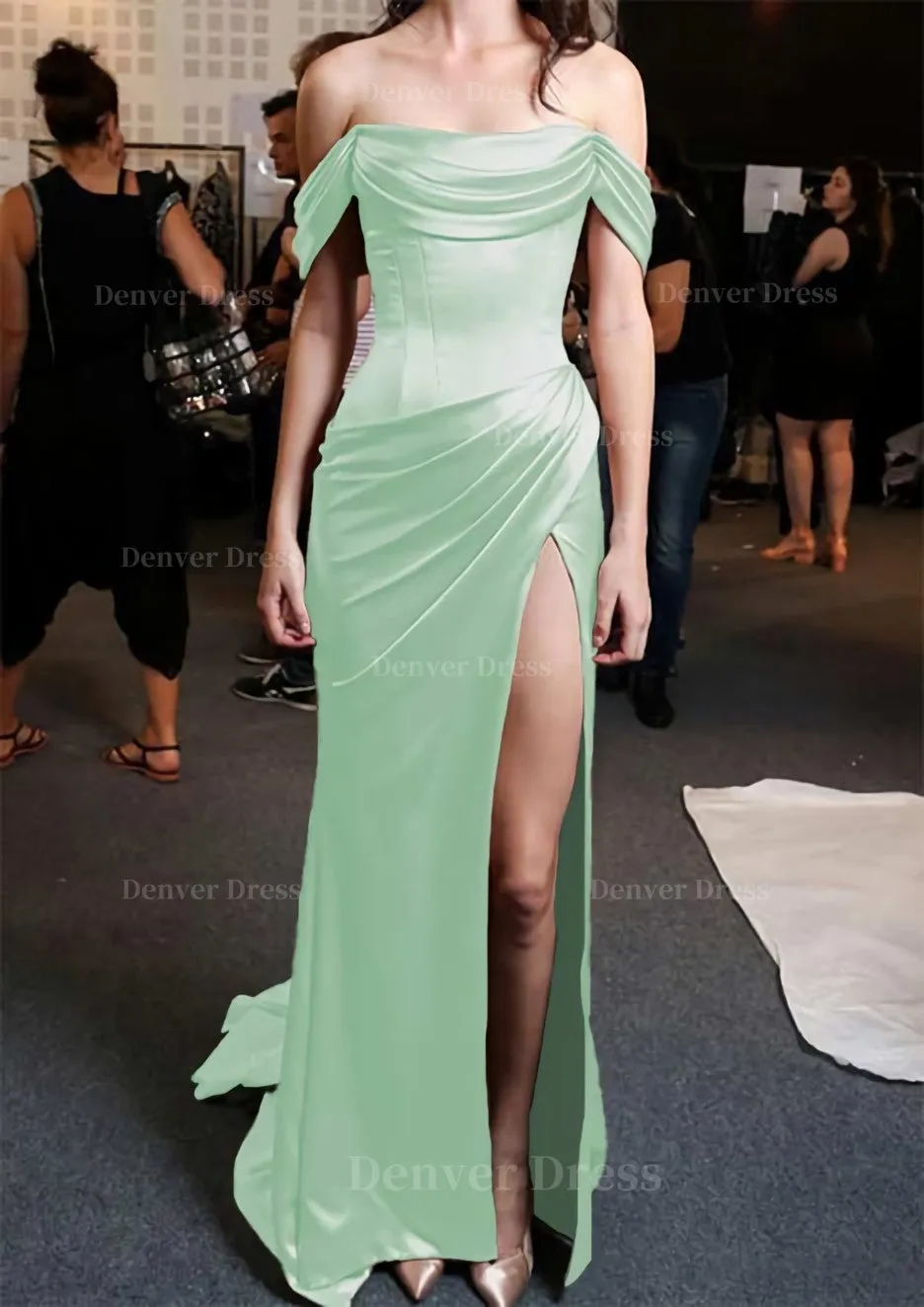 Sheath/Column Off-the-Shoulder Short Sleeve Sweep Train Satin Prom Dress With Pleated