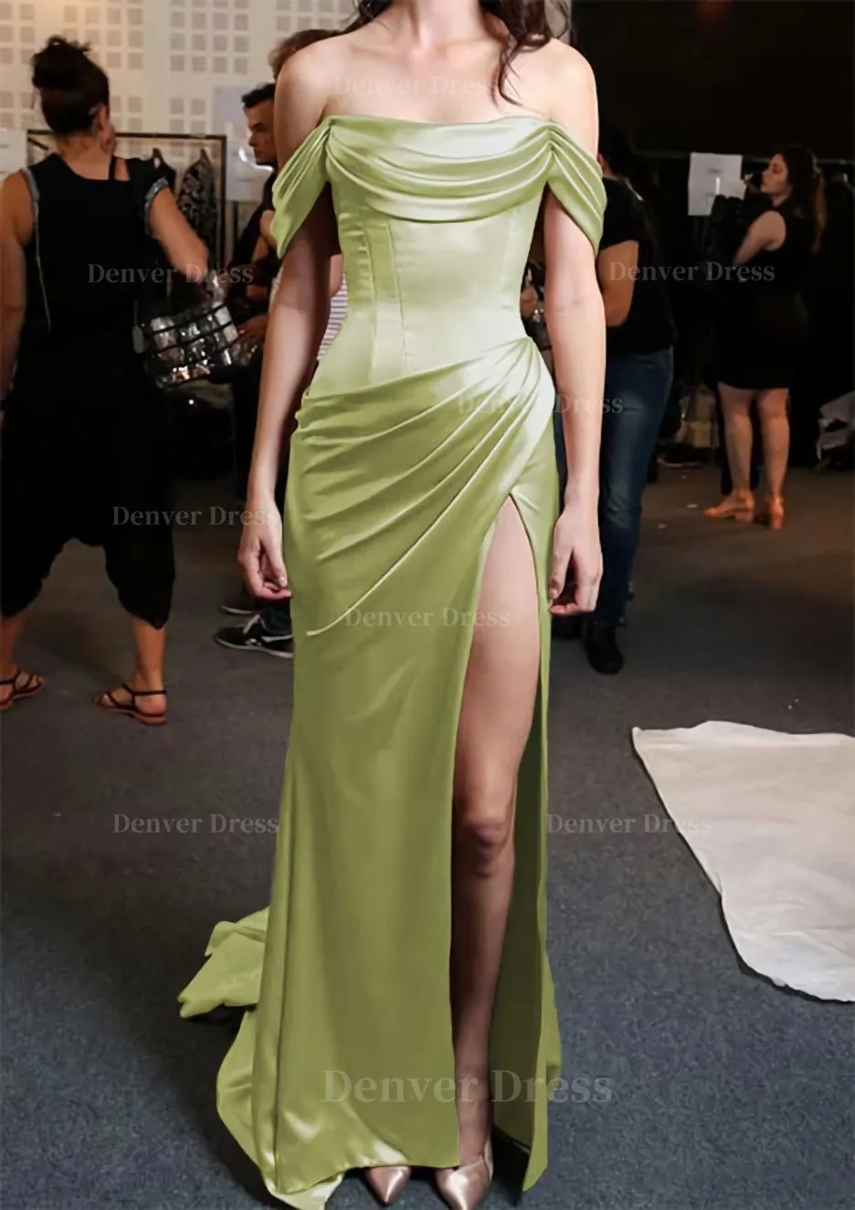 Sheath/Column Off-the-Shoulder Short Sleeve Sweep Train Satin Prom Dress With Pleated