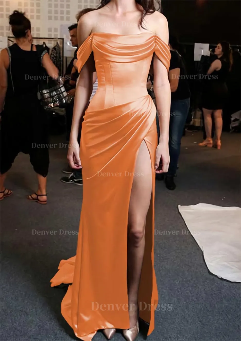 Sheath/Column Off-the-Shoulder Short Sleeve Sweep Train Satin Prom Dress With Pleated