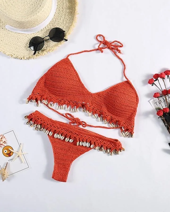 Solid Strap Tassel Patchwork Knitted Strap Bra With Panties Sexy Sets