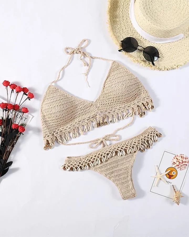 Solid Strap Tassel Patchwork Knitted Strap Bra With Panties Sexy Sets