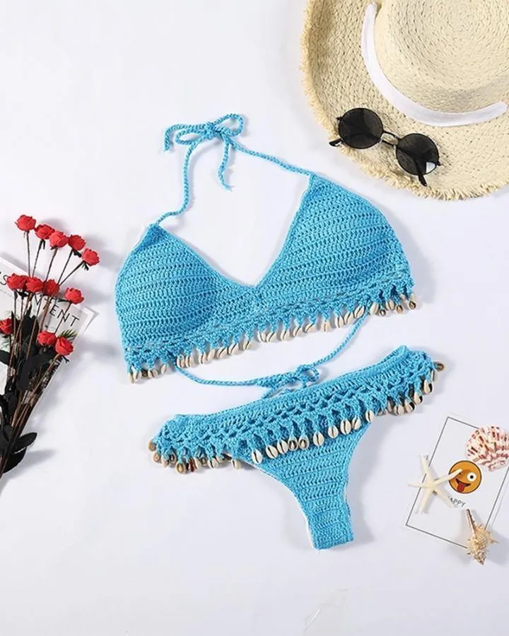 Solid Strap Tassel Patchwork Knitted Strap Bra With Panties Sexy Sets
