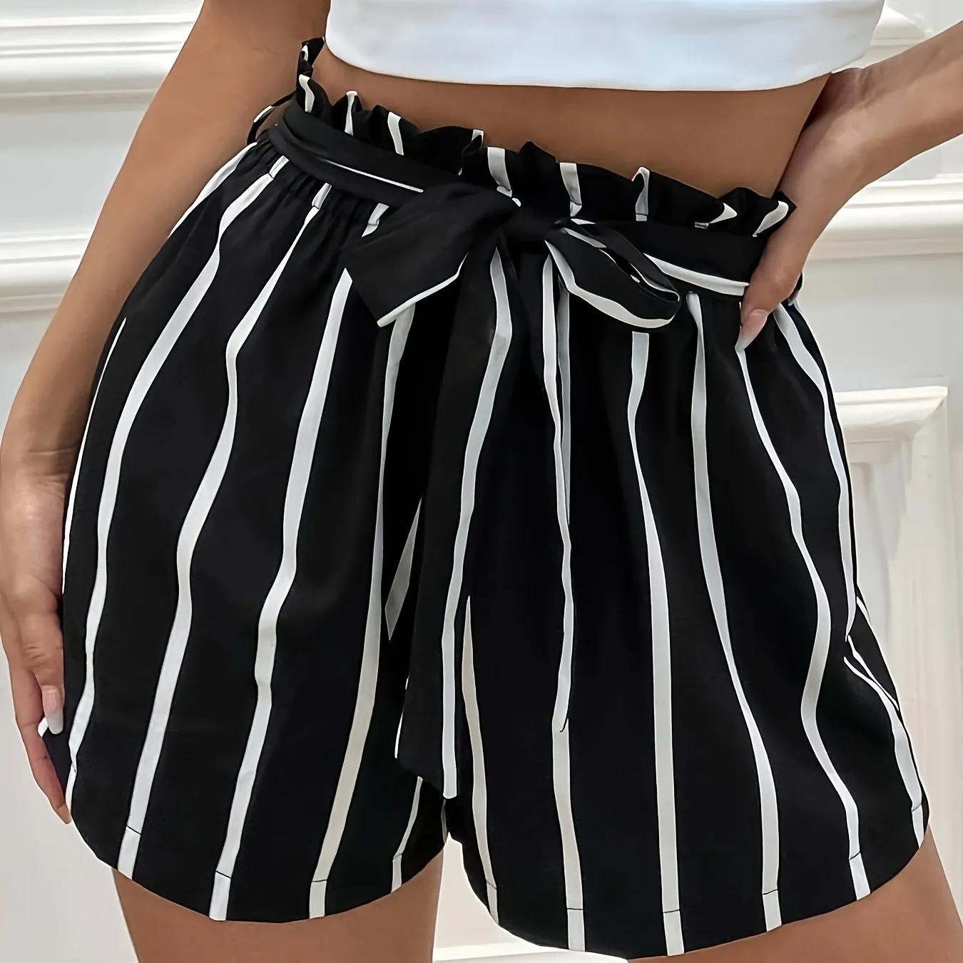 Striped Print Ruffle Trim Tie Waist Casual Summer Shorts