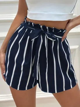 Striped Print Ruffle Trim Tie Waist Casual Summer Shorts
