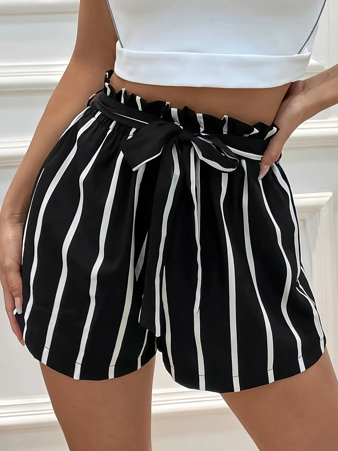 Striped Print Ruffle Trim Tie Waist Casual Summer Shorts
