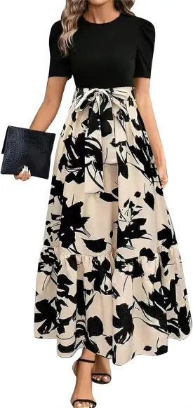 Summer Dresses for Women Casual A-Line Maxi Dress Elegant Flowy Long Dress High Waist Floral Printrd Dress with Belt