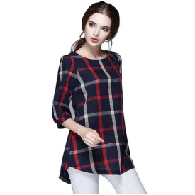 T Shirt Femme Autumn Cotton Linen Three Quarter Sleeve Casual Vintage Loose Plaid Women Tops&Tees Plus Size Oversized Shirts