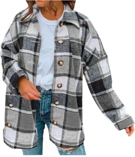 TANGNADE Plaid Jacket for Women Plus Size Fall Color Block Flannel Shacket Jacket Button Down Shirt Long Sleeve Coat Tops