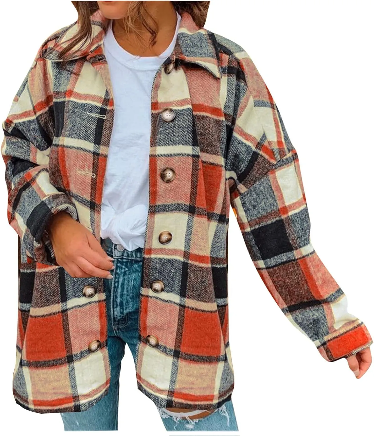 TANGNADE Plaid Jacket for Women Plus Size Fall Color Block Flannel Shacket Jacket Button Down Shirt Long Sleeve Coat Tops