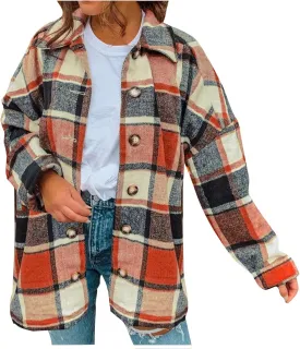 TANGNADE Plaid Jacket for Women Plus Size Fall Color Block Flannel Shacket Jacket Button Down Shirt Long Sleeve Coat Tops