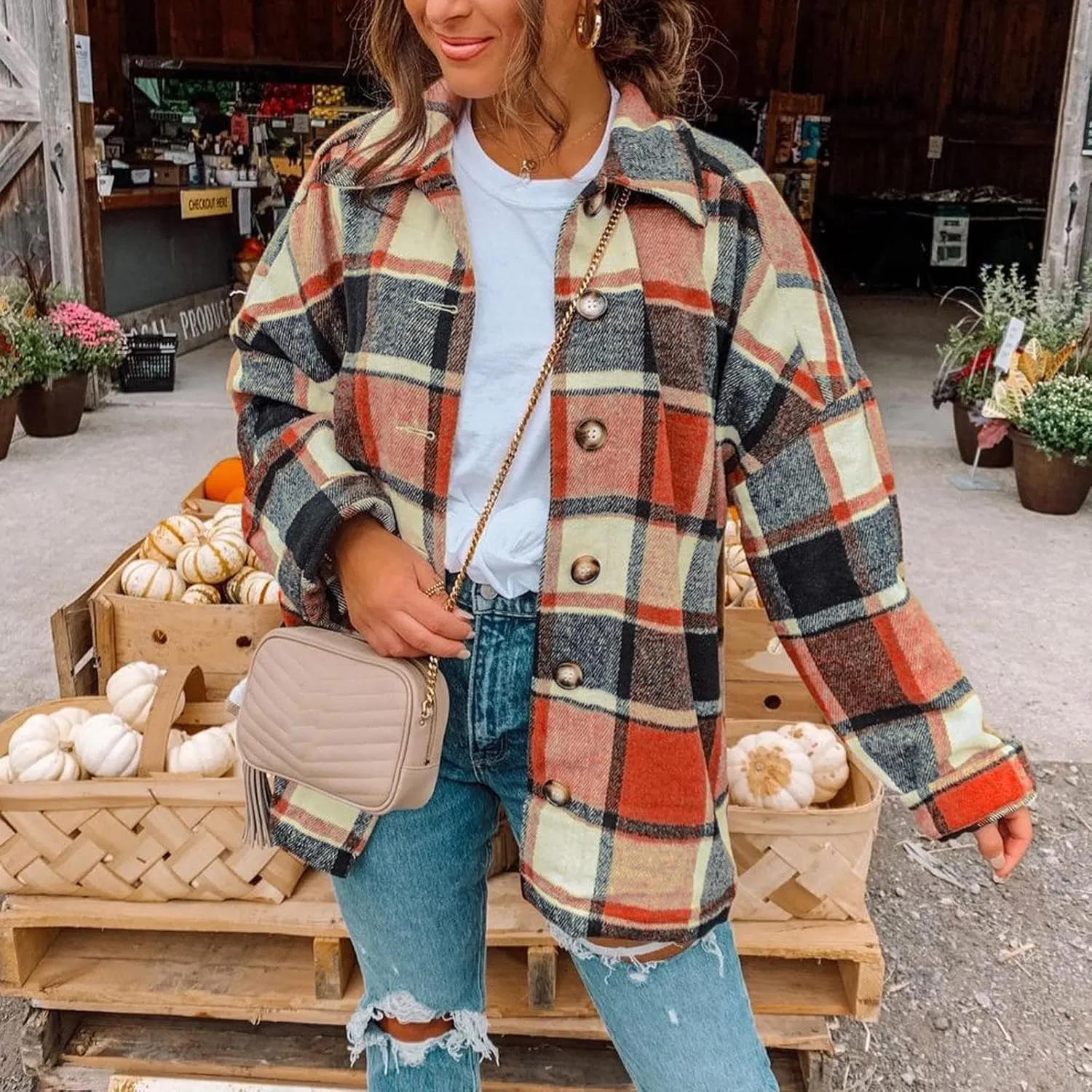 TANGNADE Plaid Jacket for Women Plus Size Fall Color Block Flannel Shacket Jacket Button Down Shirt Long Sleeve Coat Tops