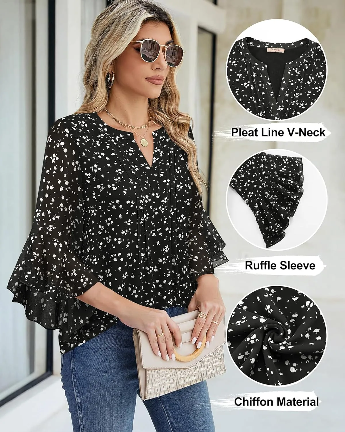 Timeson Women's 3/4 Sleeve Tops Dressy Casual Business Work Blouses Chiffon Office Shirts