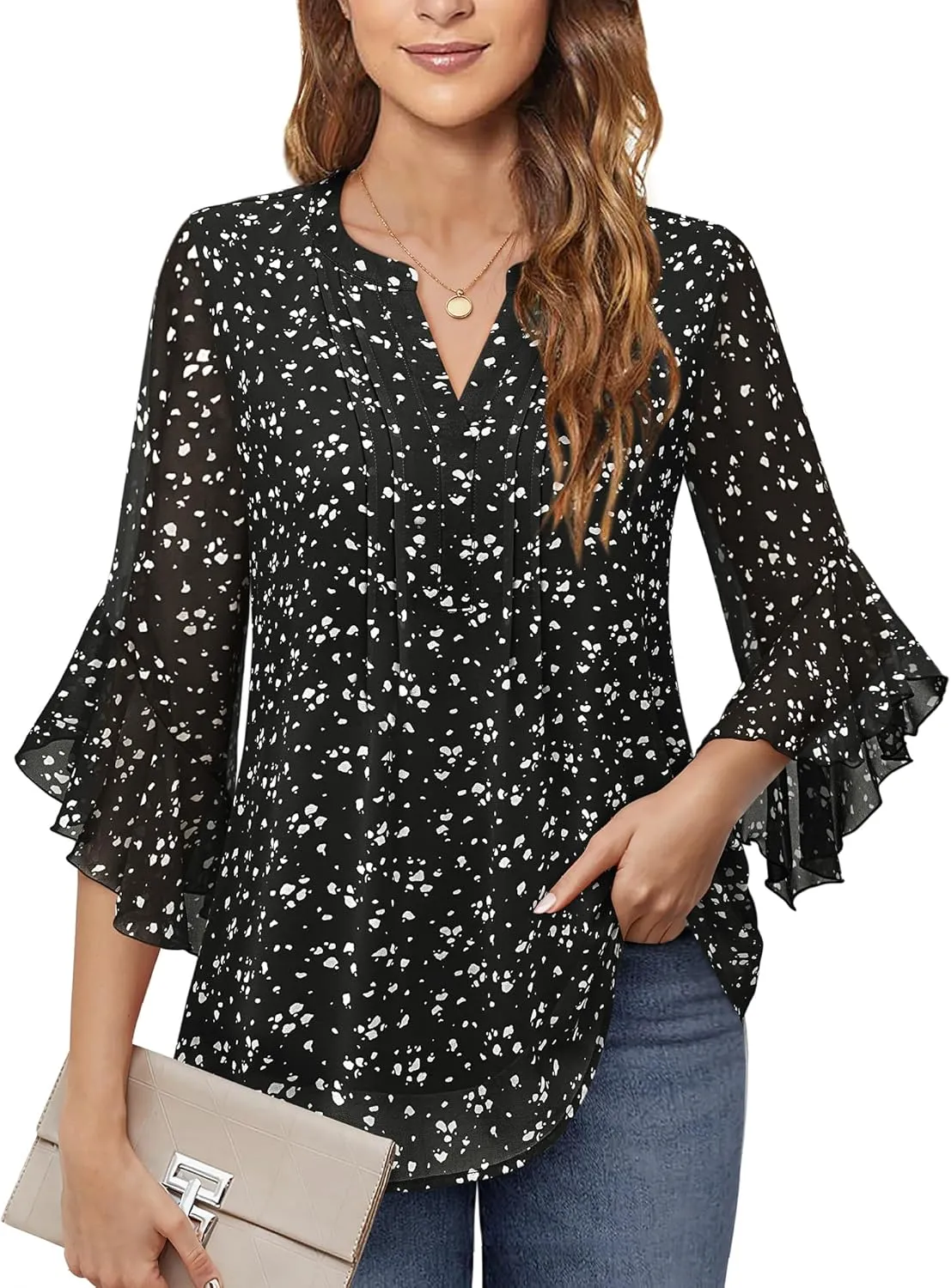 Timeson Women's 3/4 Sleeve Tops Dressy Casual Business Work Blouses Chiffon Office Shirts