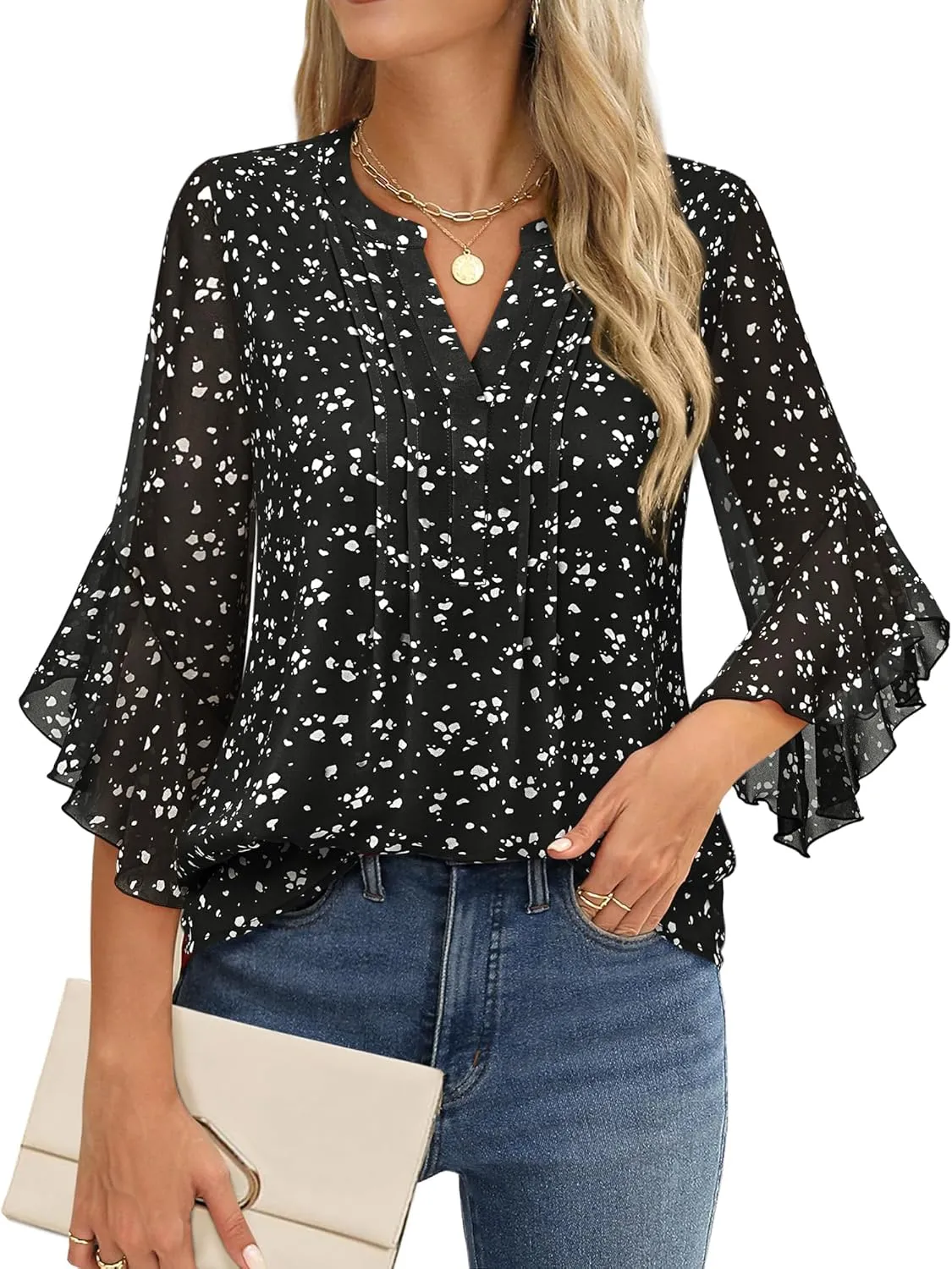 Timeson Women's 3/4 Sleeve Tops Dressy Casual Business Work Blouses Chiffon Office Shirts