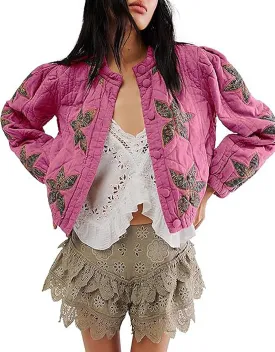 utcoco Women's Cropped Puffer Jacket Lightweight Floral Embroidery Button Down Padded Quilted Puffy Coat