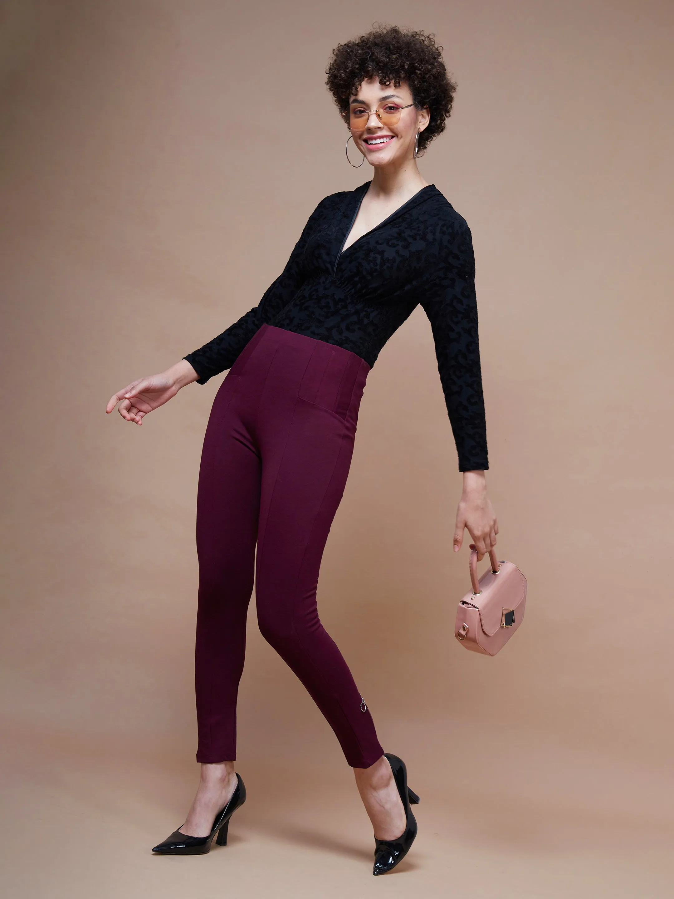 Women Burgundy Bottom Zipper Jeggings