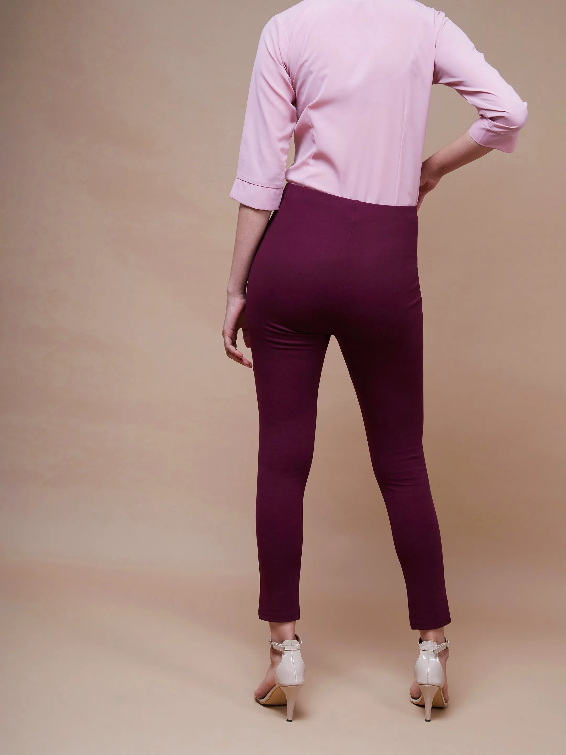 Women Burgundy Show Button Jeggings