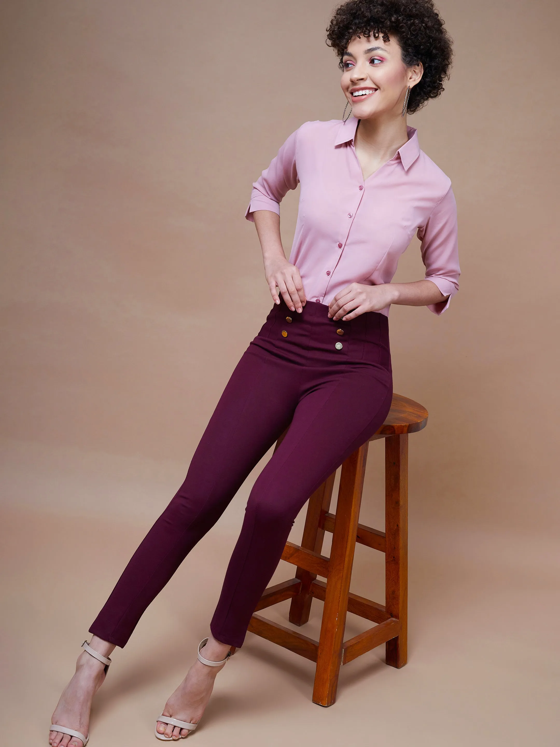 Women Burgundy Show Button Jeggings