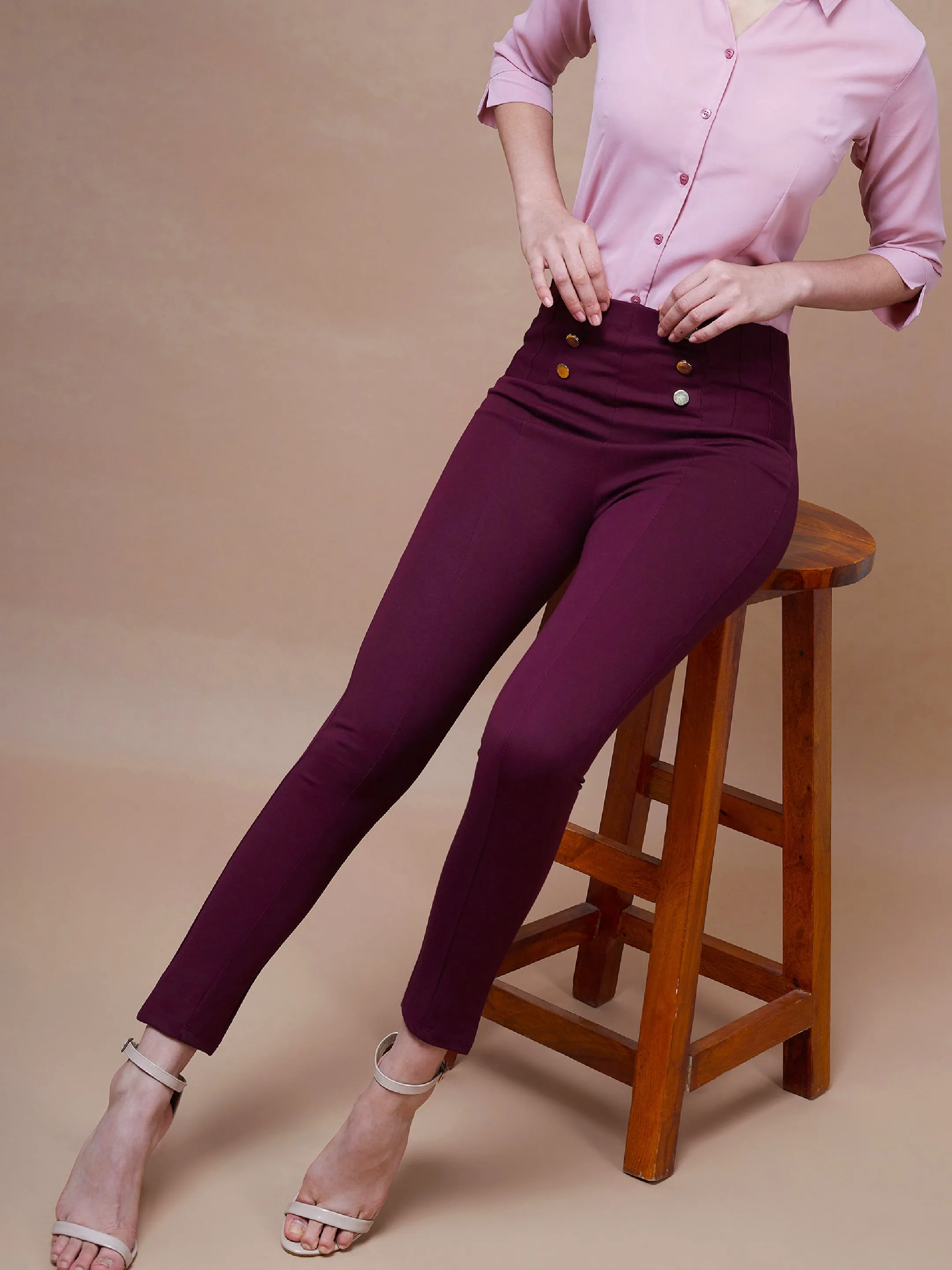 Women Burgundy Show Button Jeggings