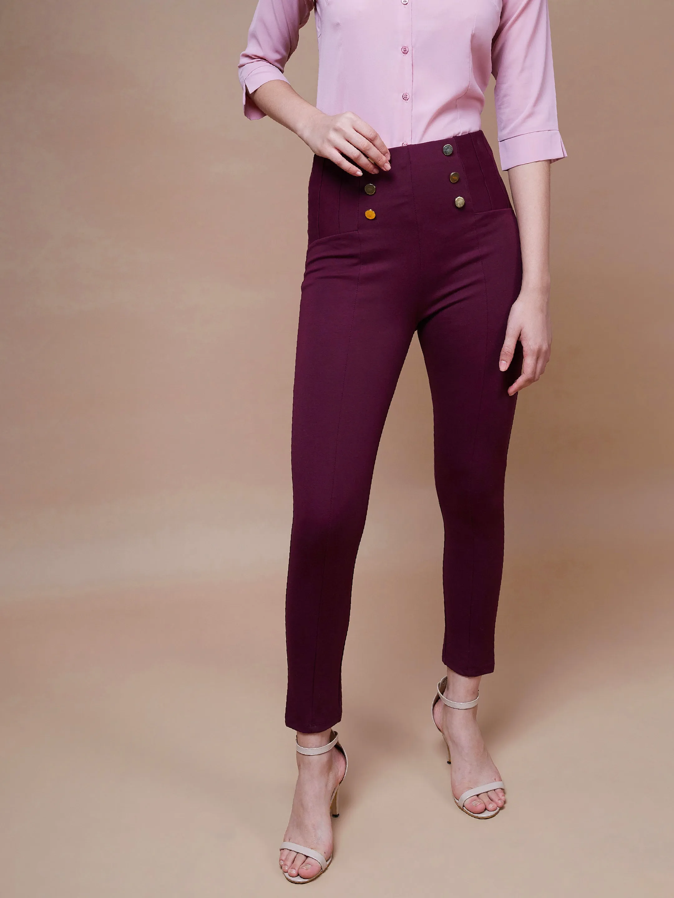 Women Burgundy Show Button Jeggings