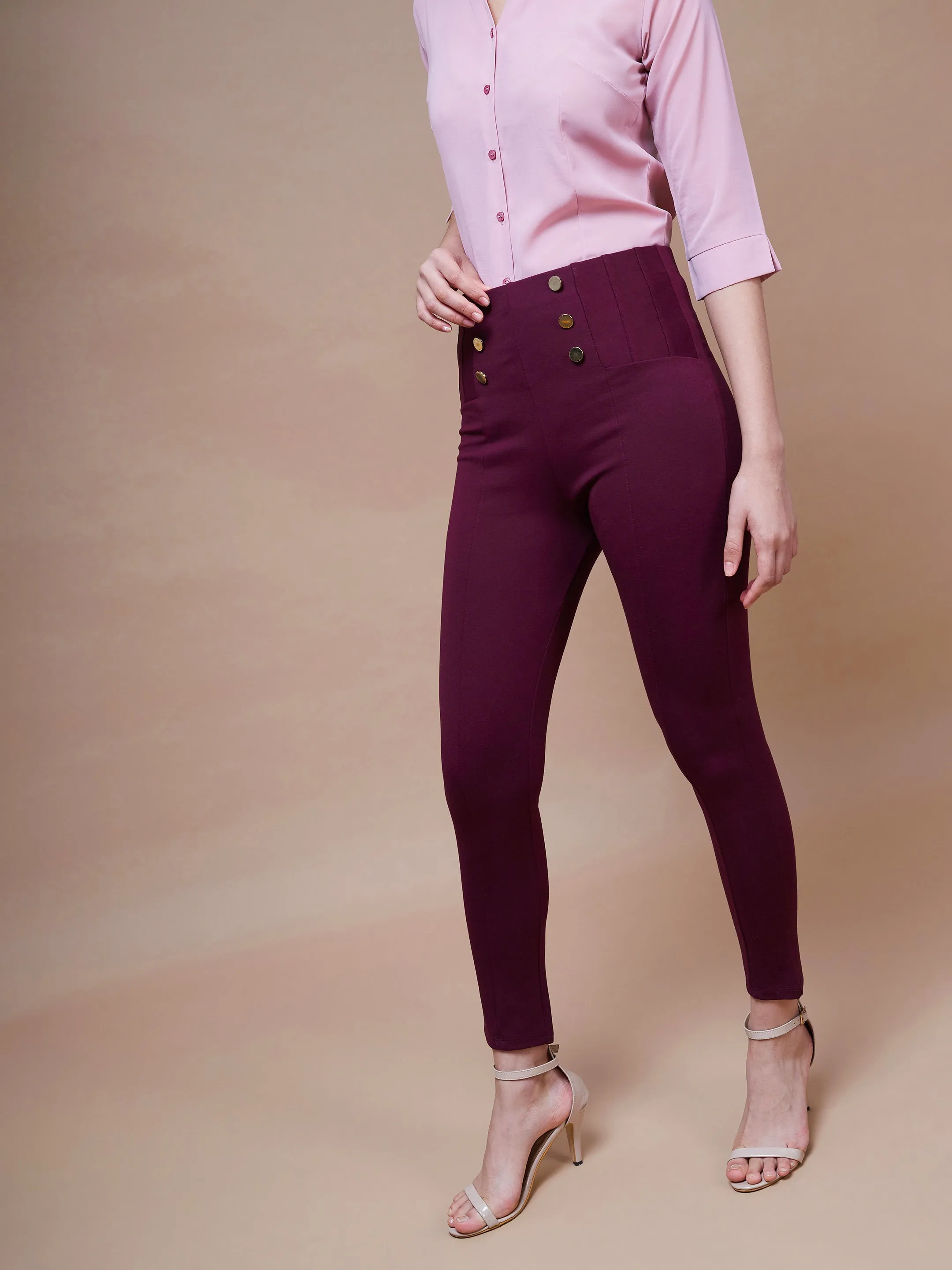Women Burgundy Show Button Jeggings