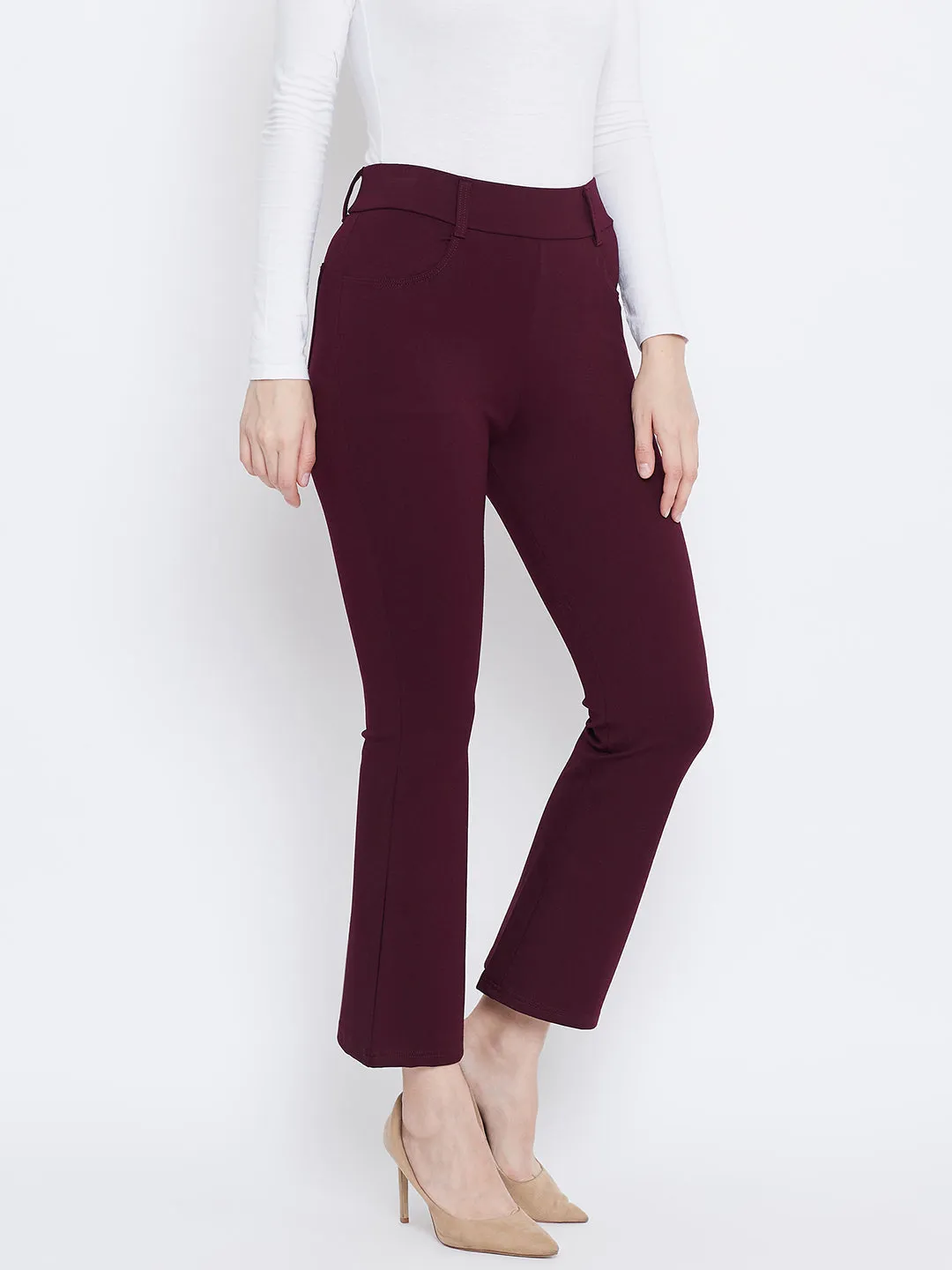 Women Maroon Solid Bootcut Jeggings
