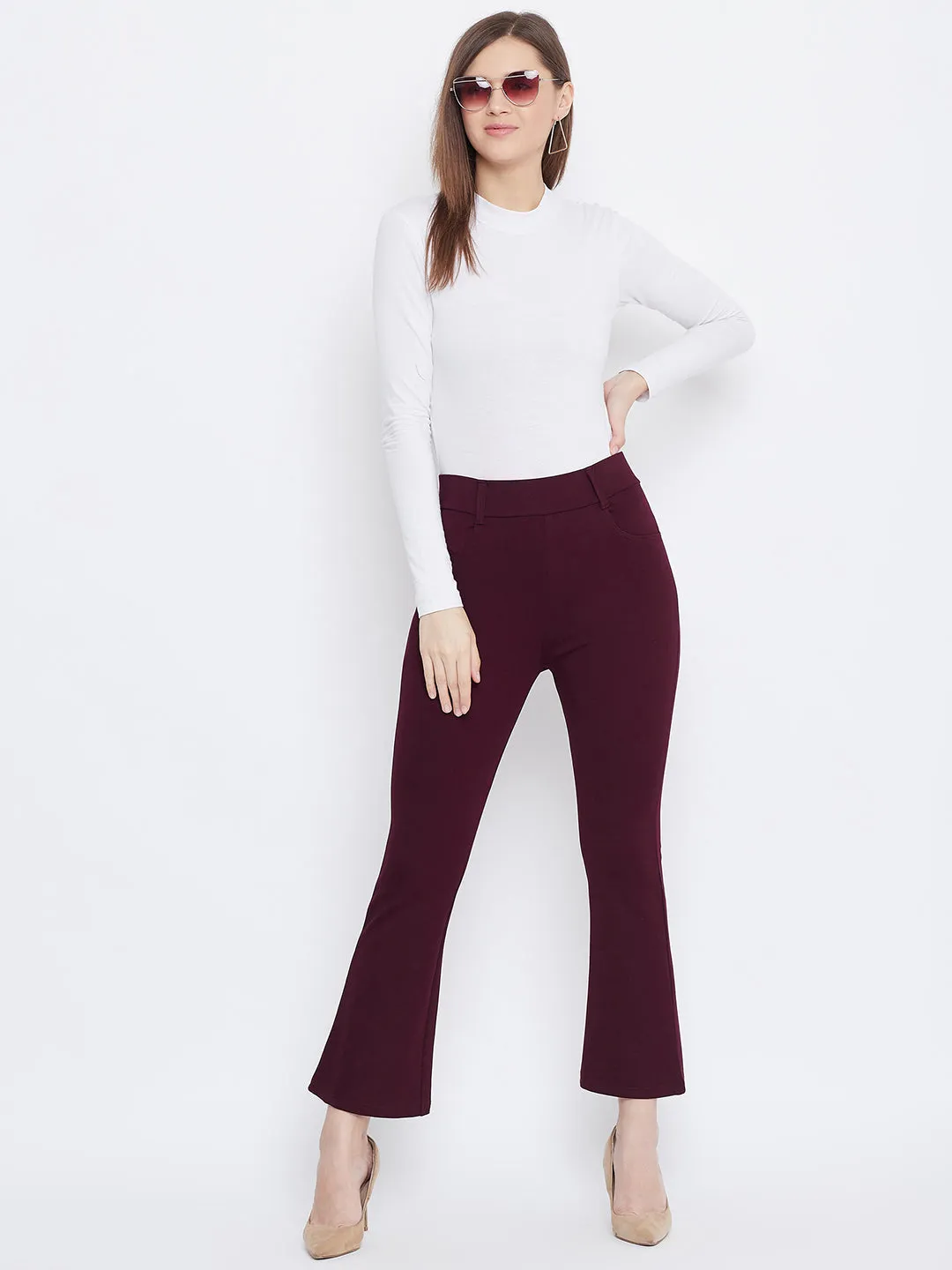 Women Maroon Solid Bootcut Jeggings