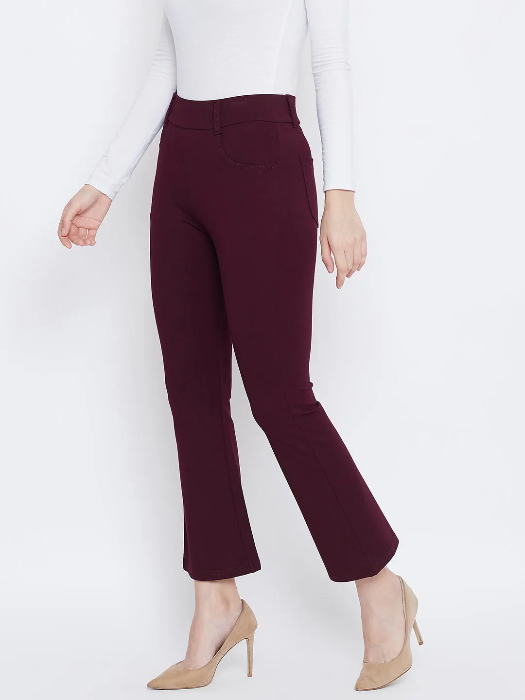 Women Maroon Solid Bootcut Jeggings
