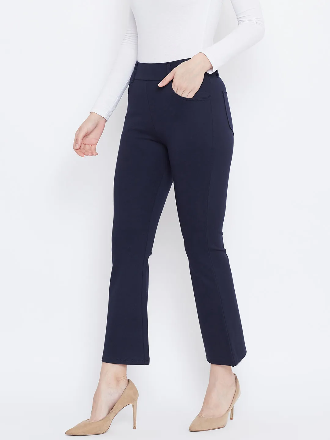 Women Navy Blue Solid Bootcut Jeggings